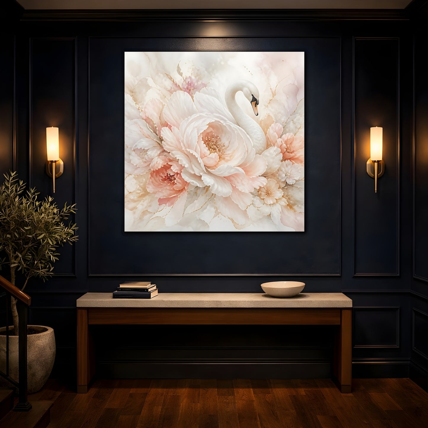 Mockup 4. Birds Swan Blush Swan Floral shown as stretched canvas wall art
