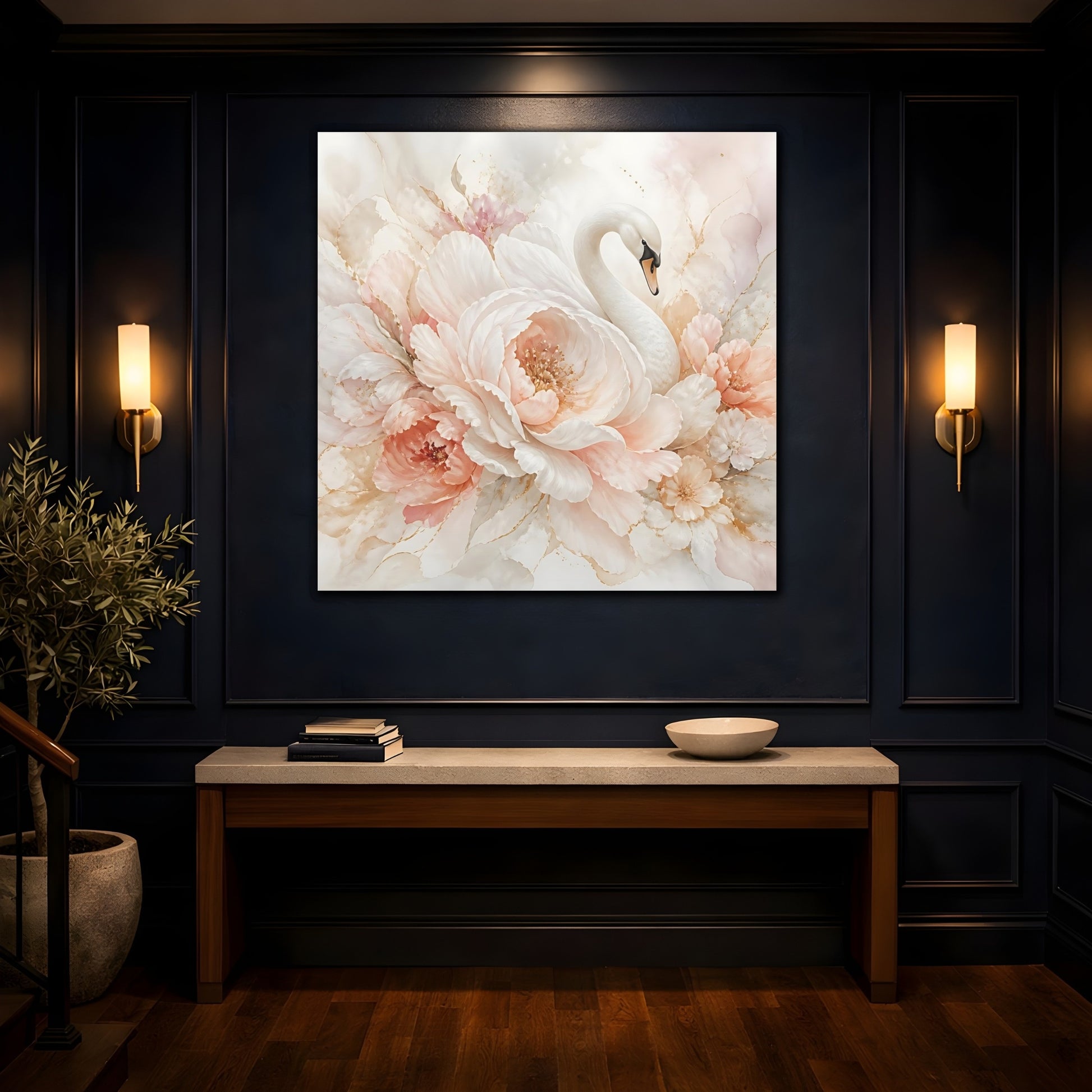 Mockup 4. Birds Swan Blush Swan Floral shown as stretched canvas wall art