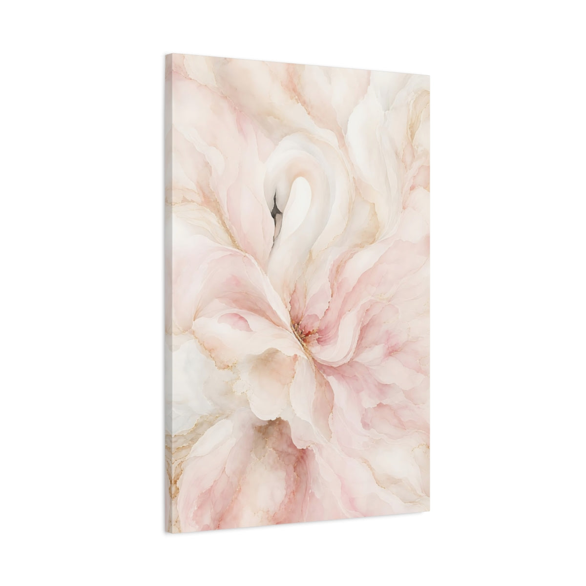 Main Mockup. Birds Swan Pink And Gold shown as stretched canvas wall art