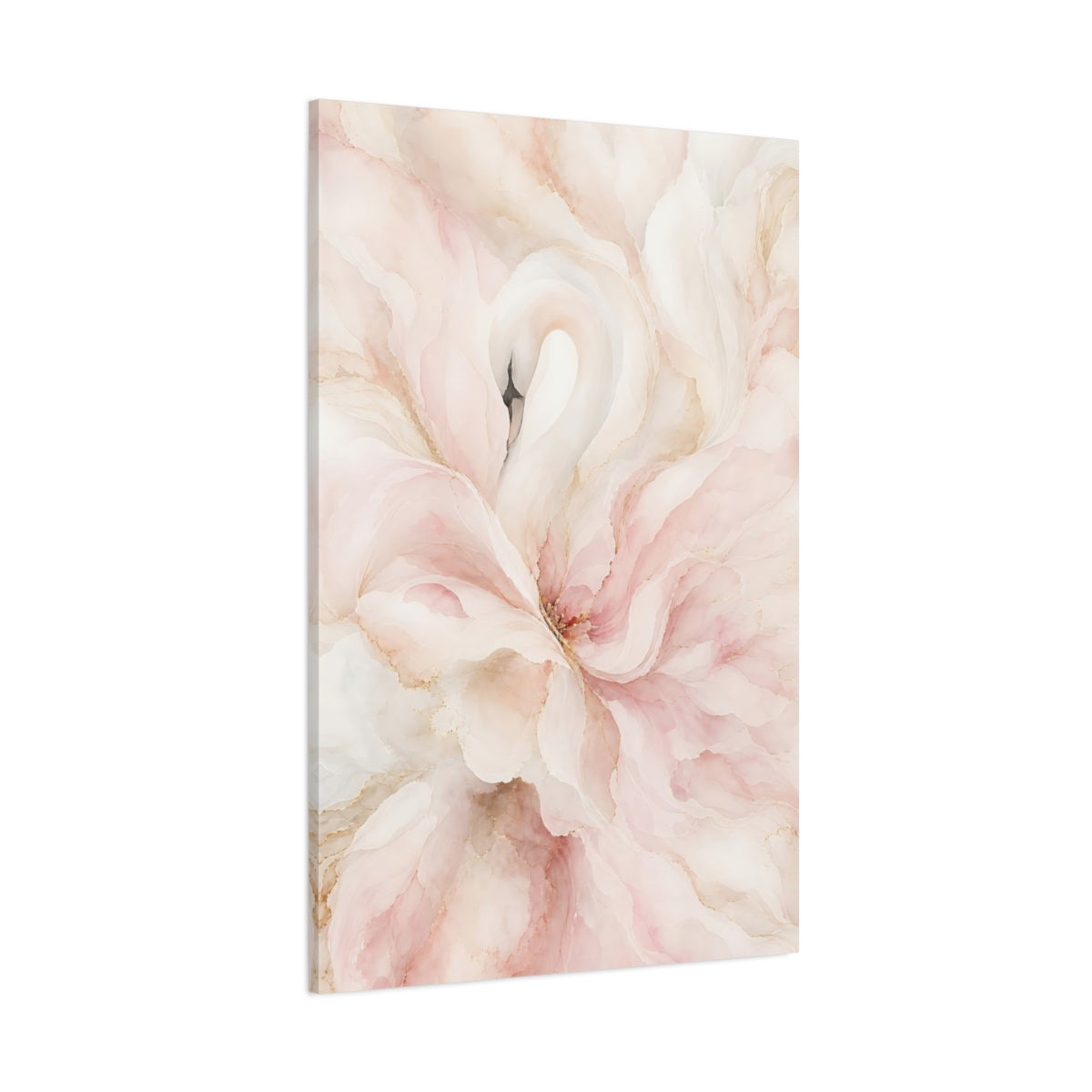 Side Mockup 1. Birds Swan Pink And Gold shown as stretched canvas wall art
