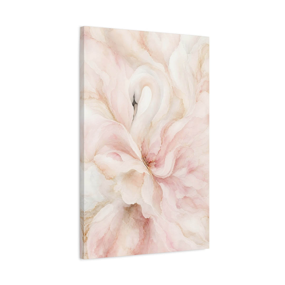 Side Mockup 2. Birds Swan Pink And Gold shown as stretched canvas wall art