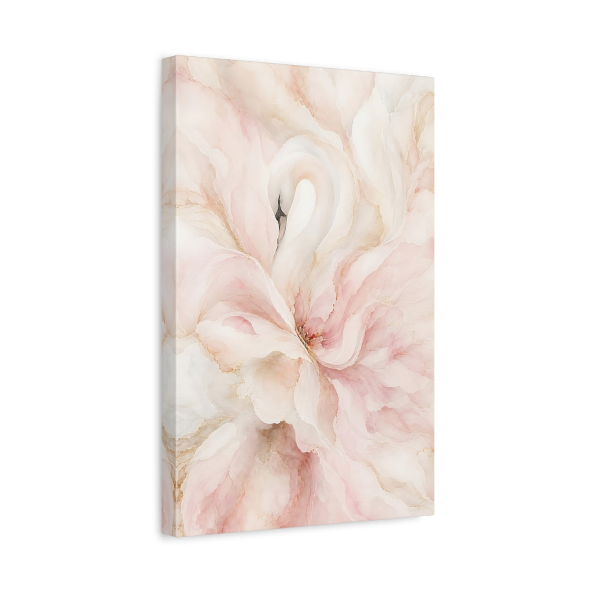 Side Mockup 4. Birds Swan Pink And Gold shown as stretched canvas wall art