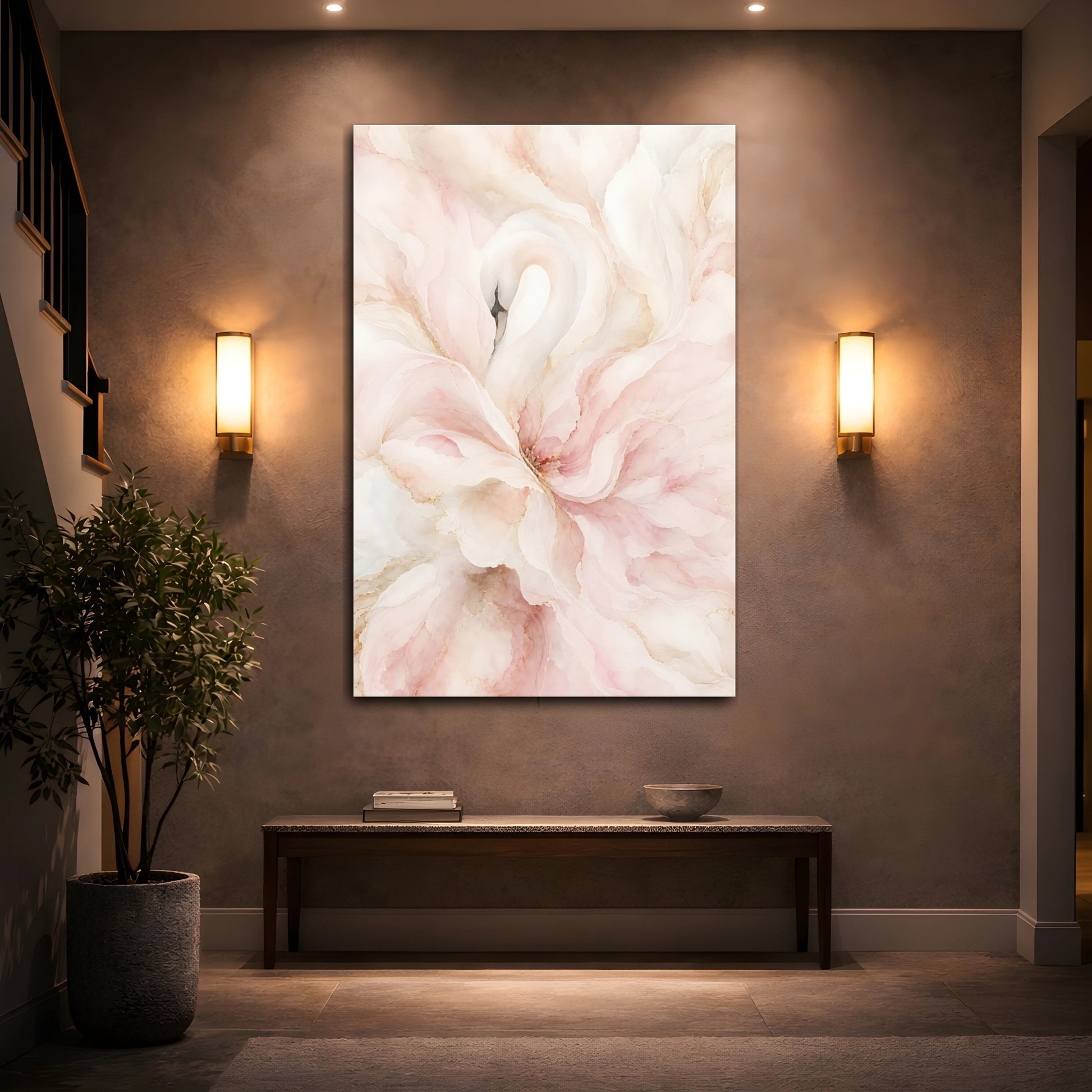 Mockup 2. Birds Swan Pink And Gold shown as stretched canvas wall art