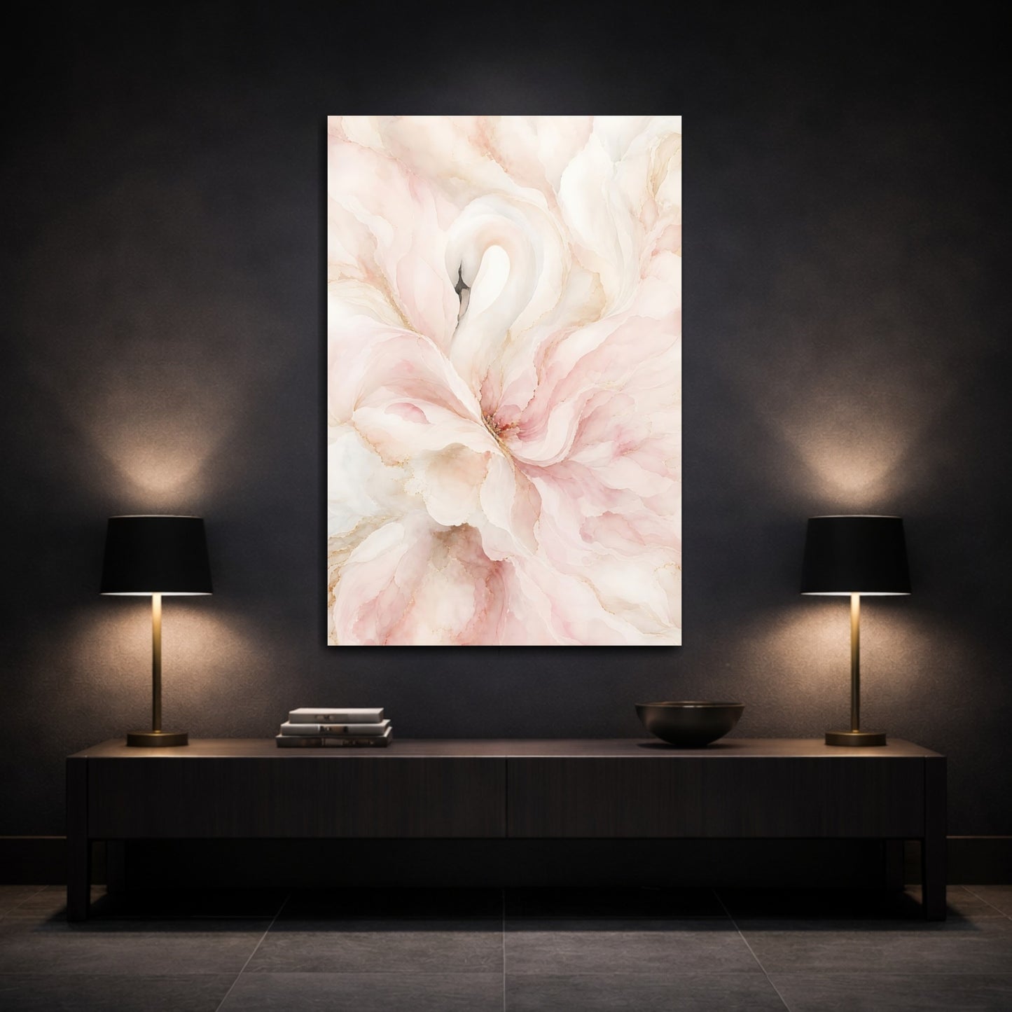 Mockup 3. Birds Swan Pink And Gold shown as stretched canvas wall art