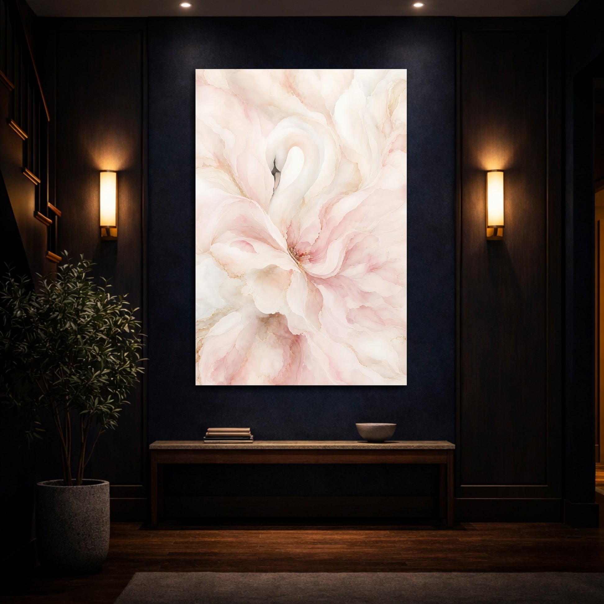 Mockup 4. Birds Swan Pink And Gold shown as stretched canvas wall art