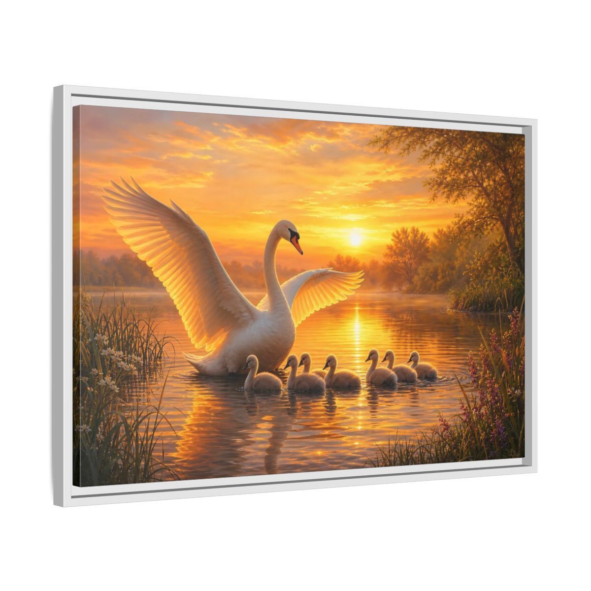 Side Mockup 10. Birds Swans Golden Swans shown as stretched canvas wall art