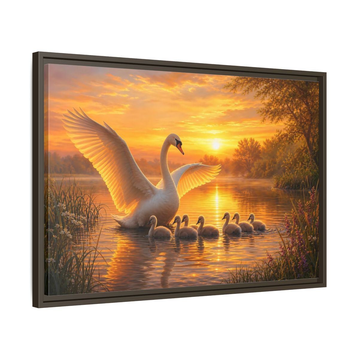 Side Mockup 11. Birds Swans Golden Swans shown as stretched canvas wall art
