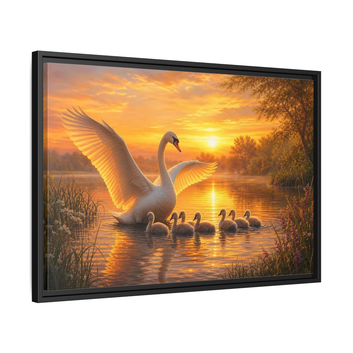 Side Mockup 14. Birds Swans Golden Swans shown as stretched canvas wall art