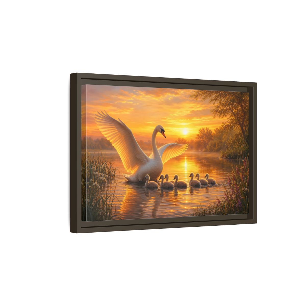 Side Mockup 5. Birds Swans Golden Swans shown as stretched canvas wall art