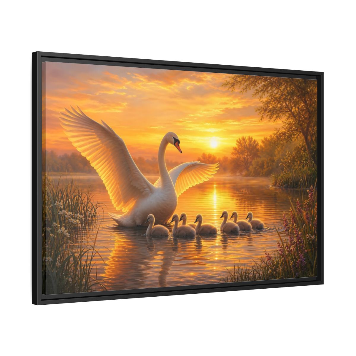 Side Mockup 13. Birds Swans Golden Swans shown as stretched canvas wall art