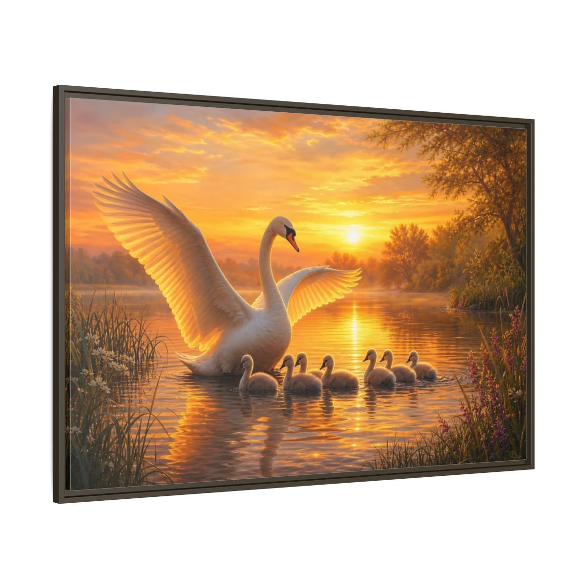 Side Mockup 8. Birds Swans Golden Swans shown as stretched canvas wall art