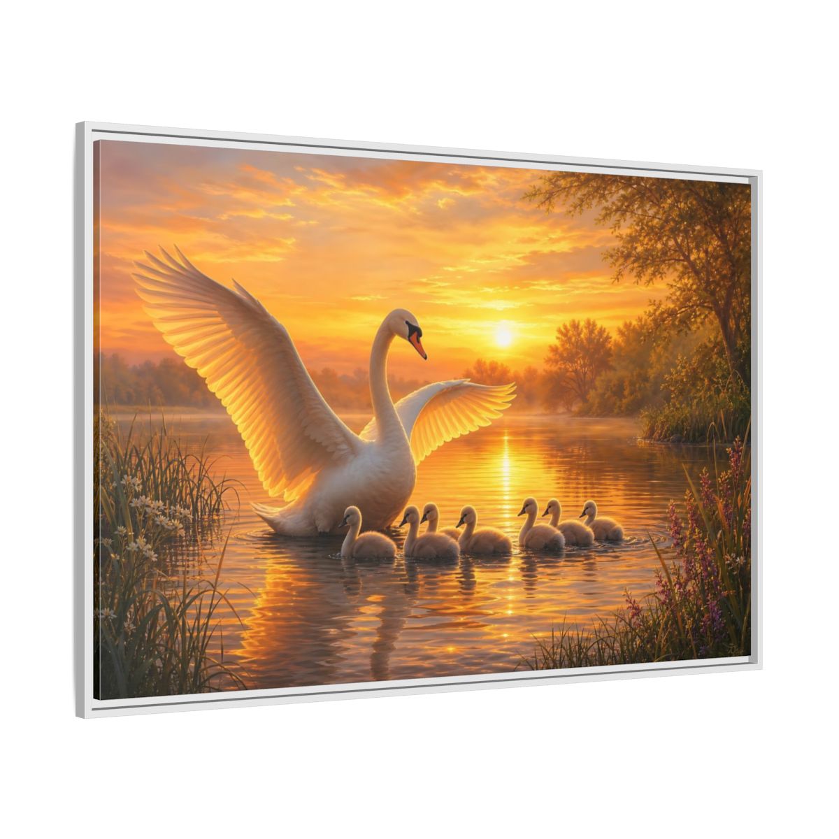 Side Mockup 7. Birds Swans Golden Swans shown as stretched canvas wall art