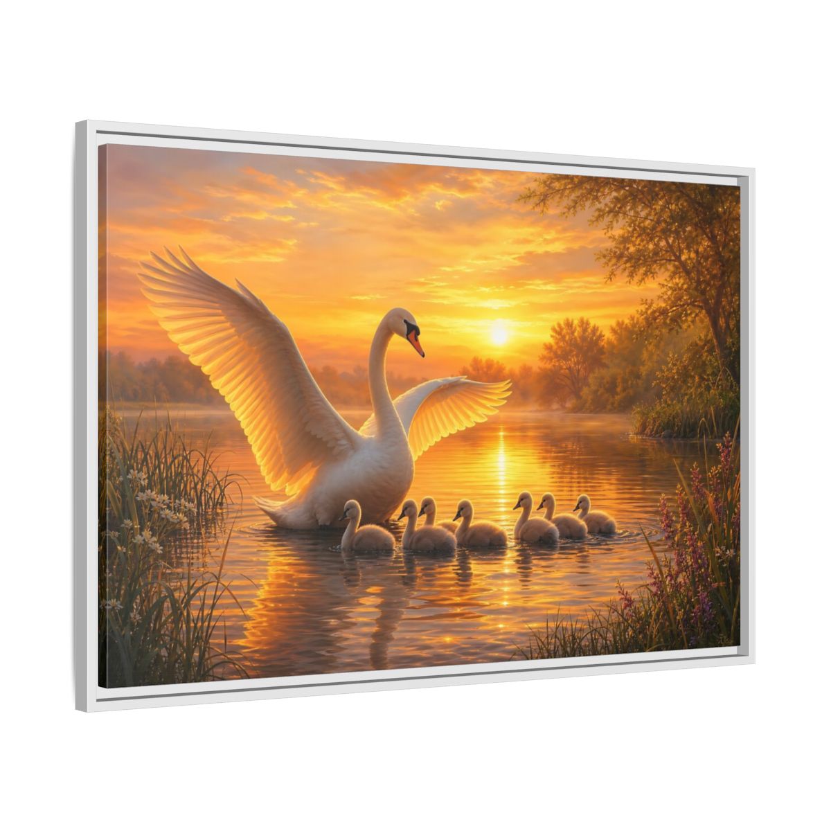 Side Mockup 9. Birds Swans Golden Swans shown as stretched canvas wall art