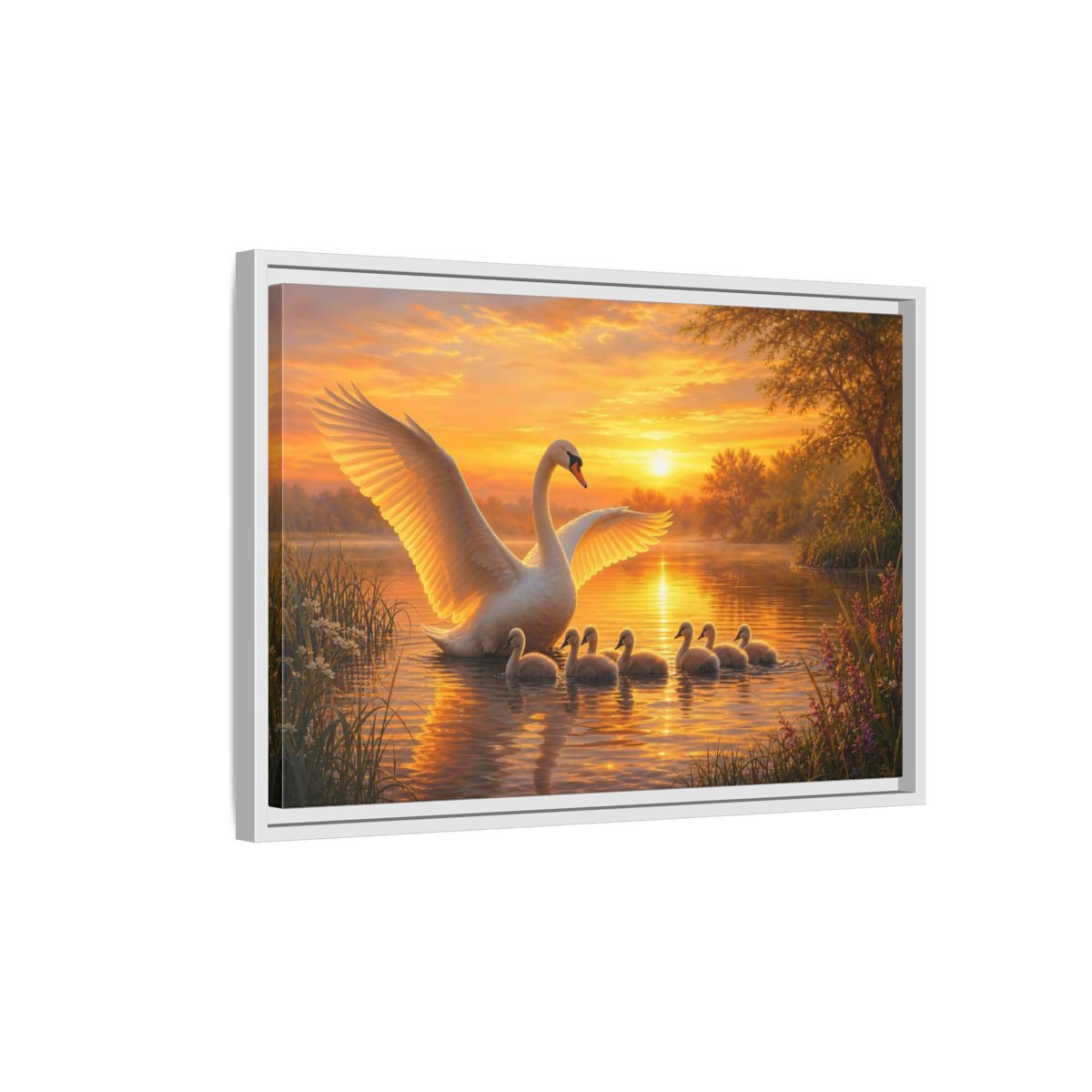 Side Mockup 1. Birds Swans Golden Swans shown as stretched canvas wall art