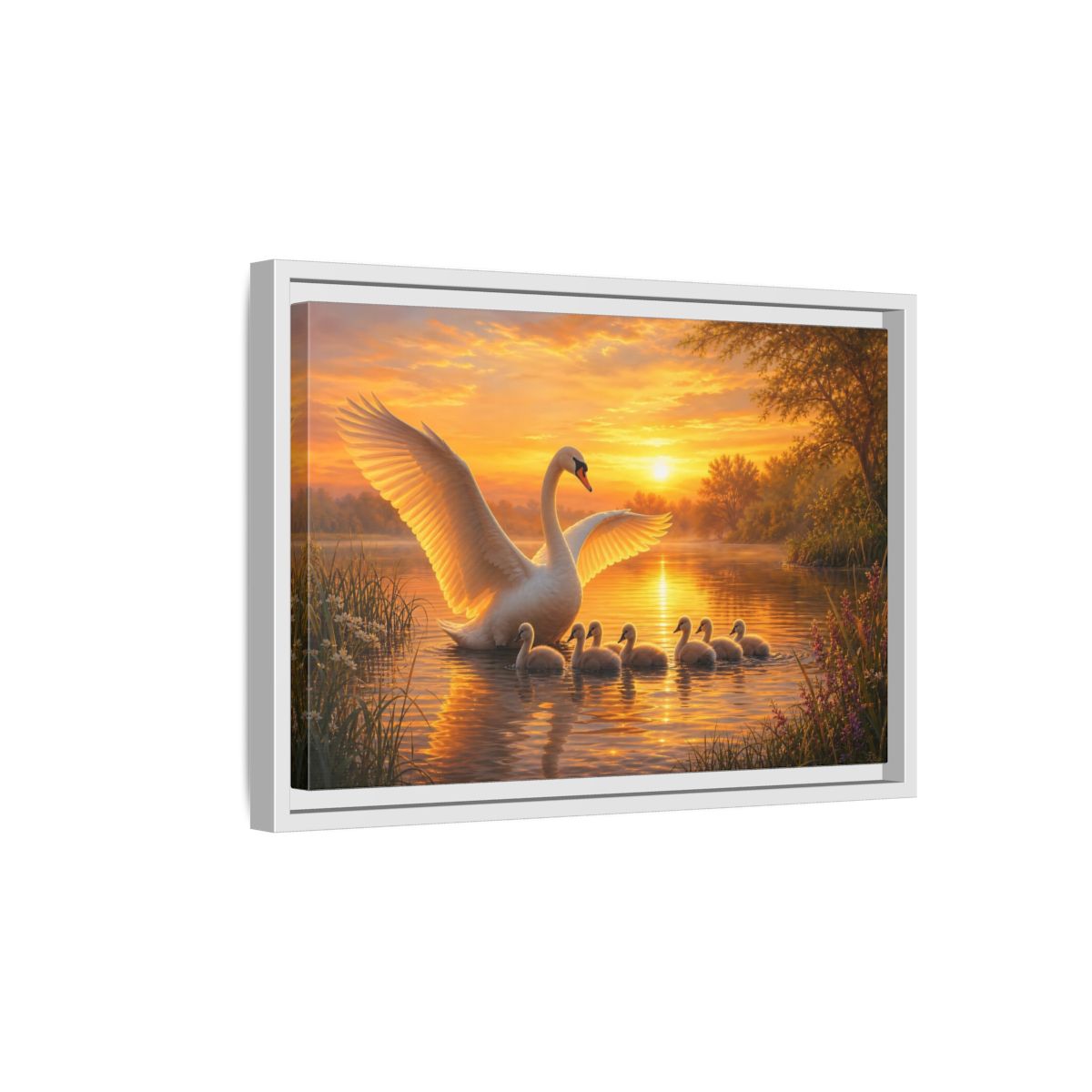 Side Mockup 4. Birds Swans Golden Swans shown as stretched canvas wall art