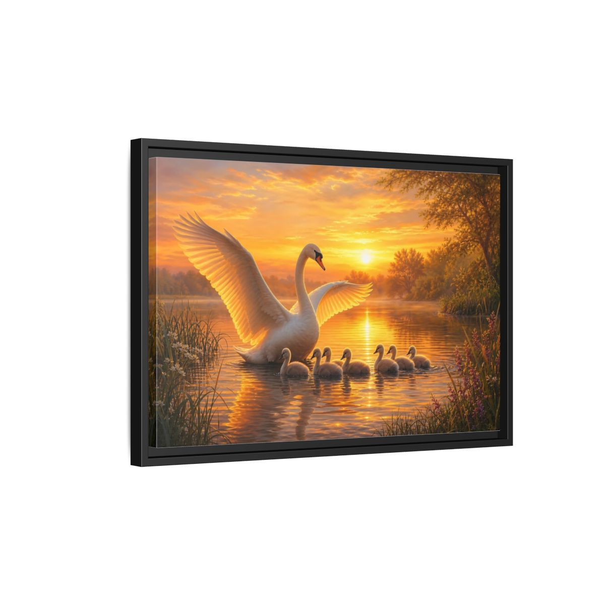 Side Mockup 3. Birds Swans Golden Swans shown as stretched canvas wall art