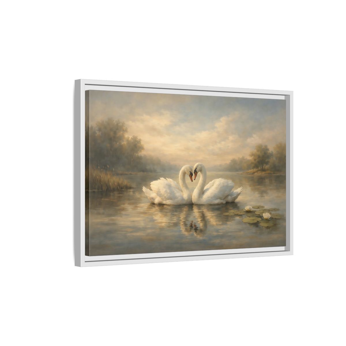 Side Mockup 1. Birds Swans Golden Hour Swans shown as stretched canvas wall art