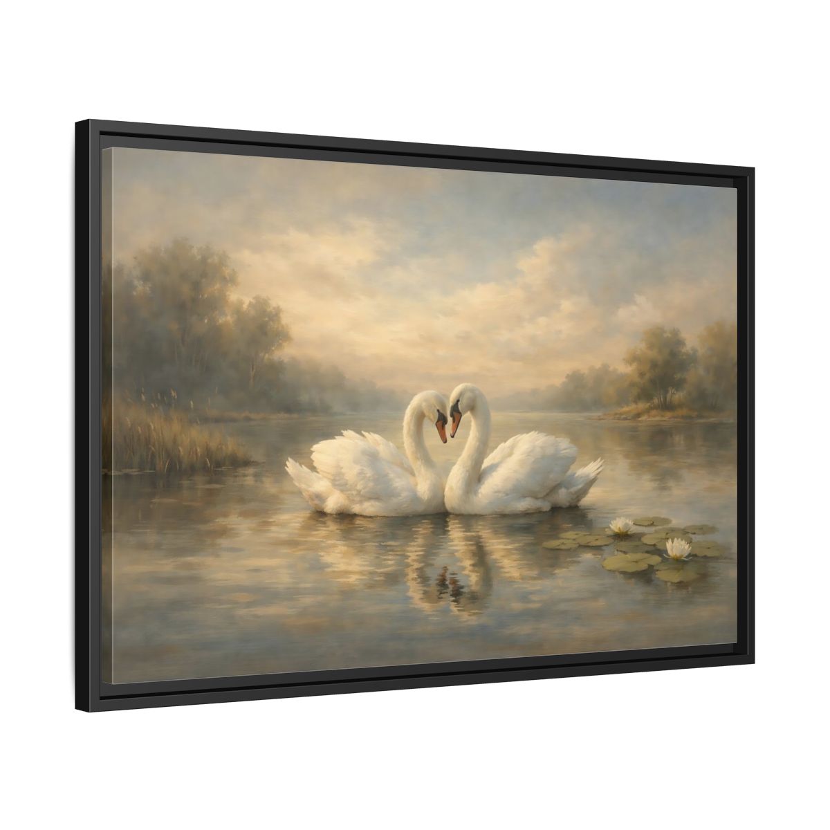 Side Mockup 14. Birds Swans Golden Hour Swans shown as stretched canvas wall art