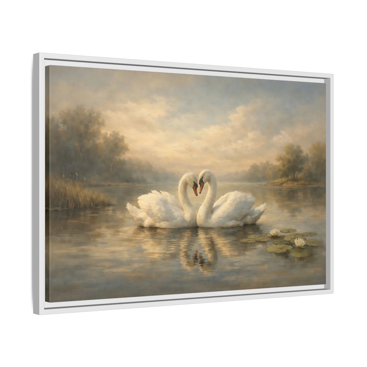 Side Mockup 10. Birds Swans Golden Hour Swans shown as stretched canvas wall art