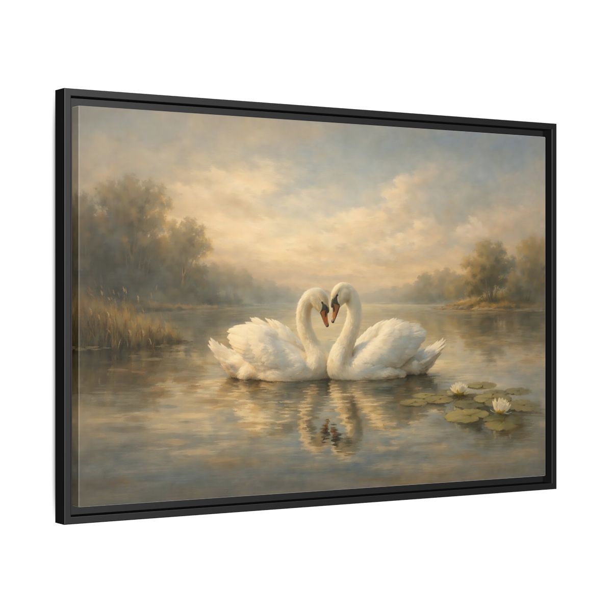 Side Mockup 13. Birds Swans Golden Hour Swans shown as stretched canvas wall art