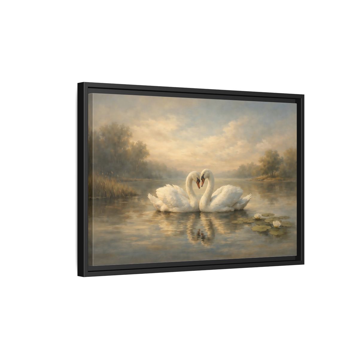 Side Mockup 3. Birds Swans Golden Hour Swans shown as stretched canvas wall art