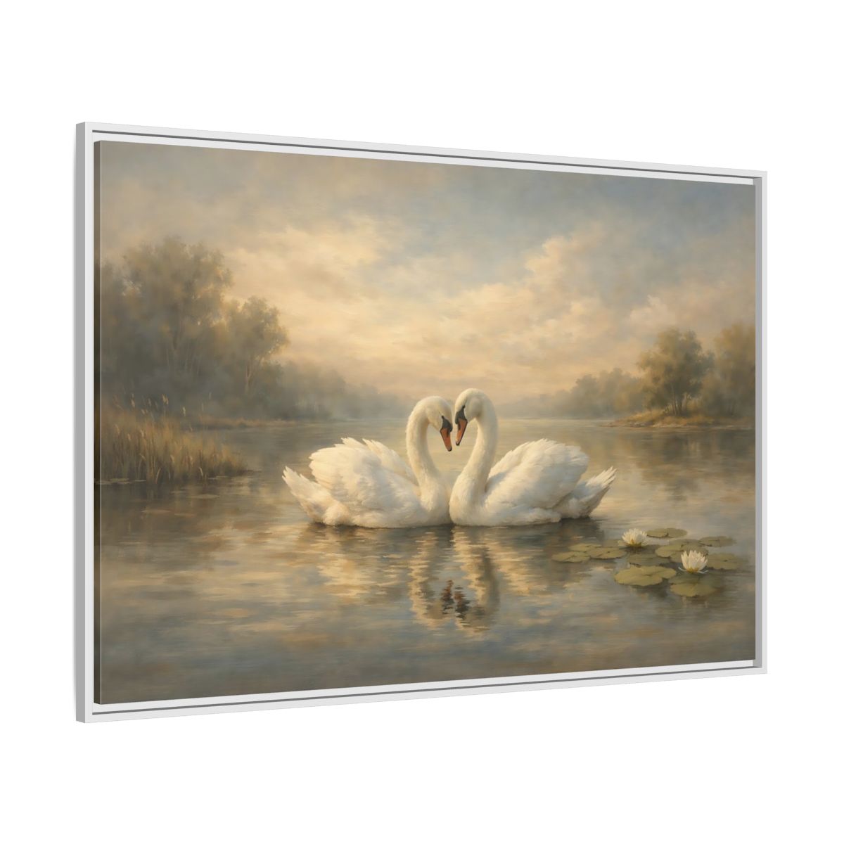 Side Mockup 7. Birds Swans Golden Hour Swans shown as stretched canvas wall art