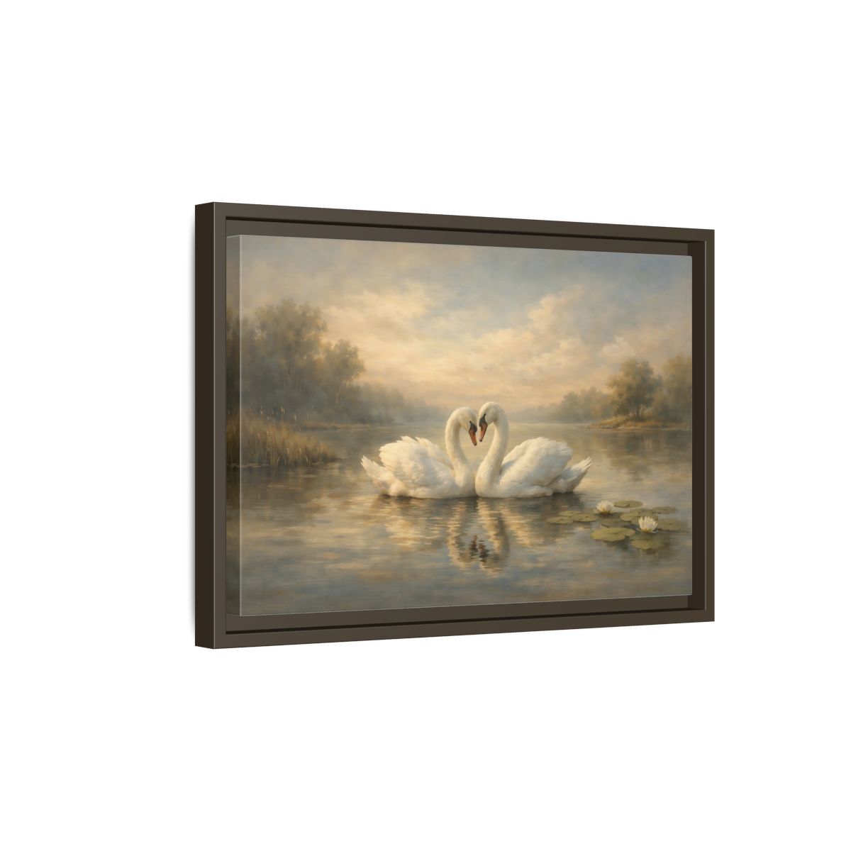 Side Mockup 5. Birds Swans Golden Hour Swans shown as stretched canvas wall art