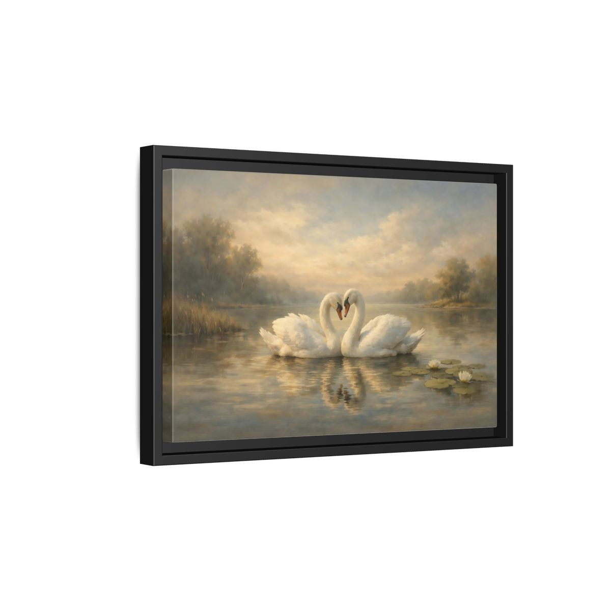 Side Mockup 6. Birds Swans Golden Hour Swans shown as stretched canvas wall art