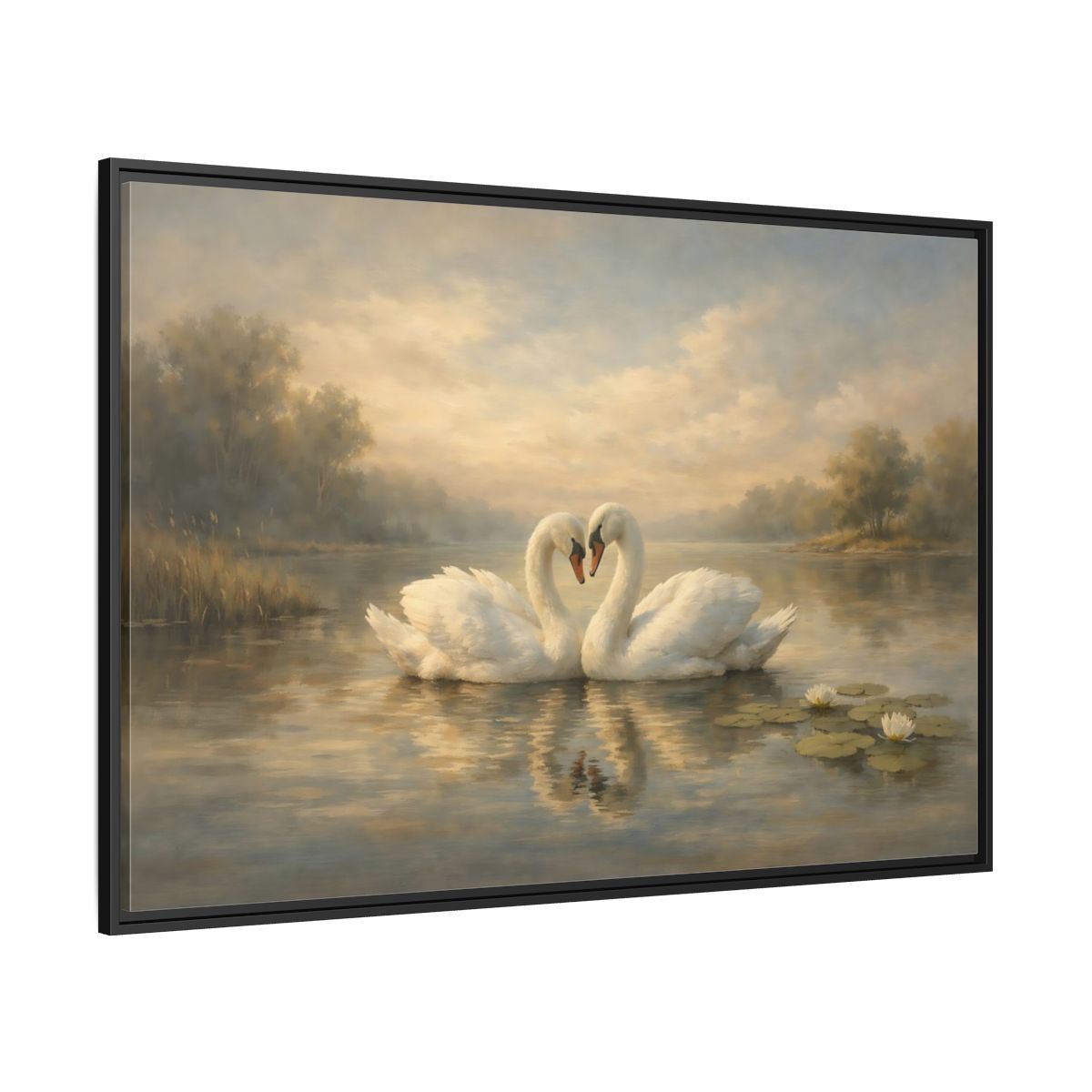Side Mockup 12. Birds Swans Golden Hour Swans shown as stretched canvas wall art