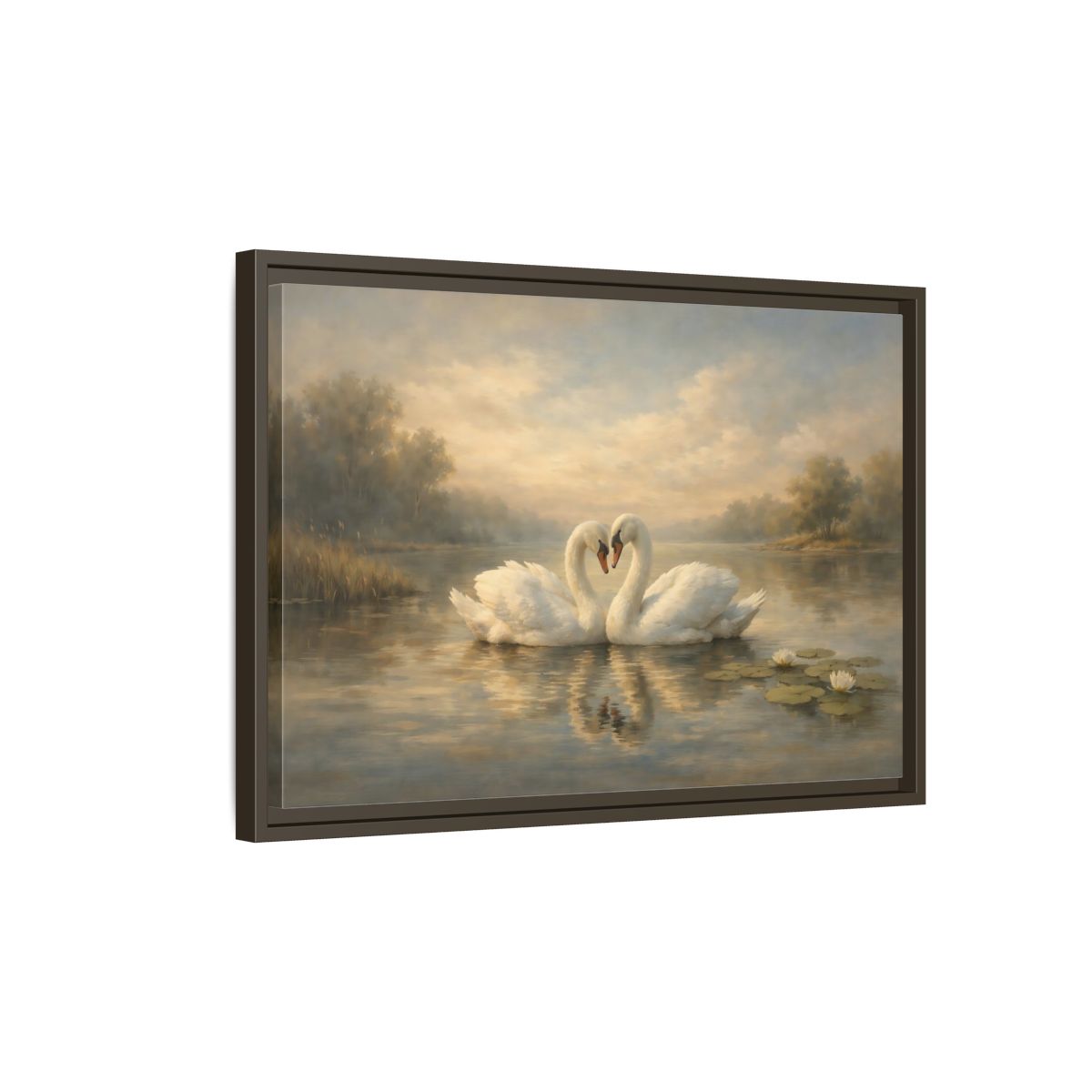 Side Mockup 2. Birds Swans Golden Hour Swans shown as stretched canvas wall art