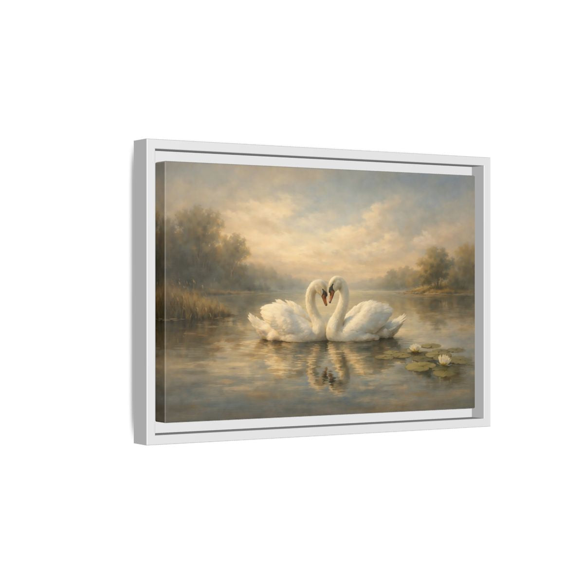 Side Mockup 4. Birds Swans Golden Hour Swans shown as stretched canvas wall art