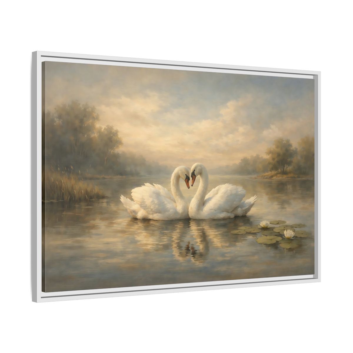 Side Mockup 8. Birds Swans Golden Hour Swans shown as stretched canvas wall art