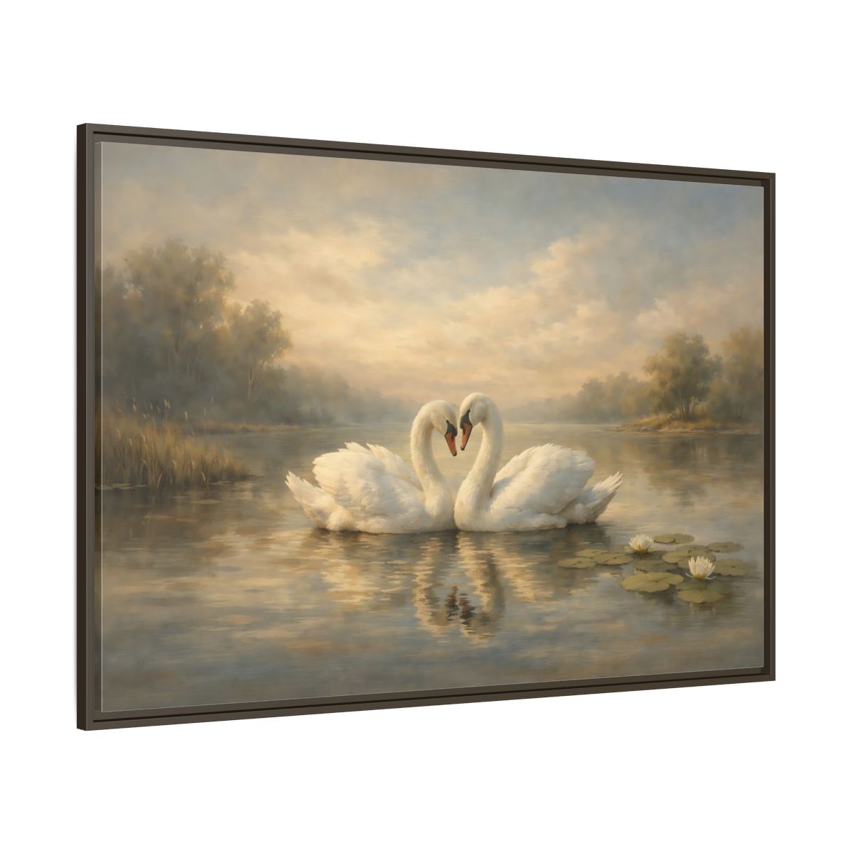 Main Mockup. Birds Swans Golden Hour Swans shown as stretched canvas wall art