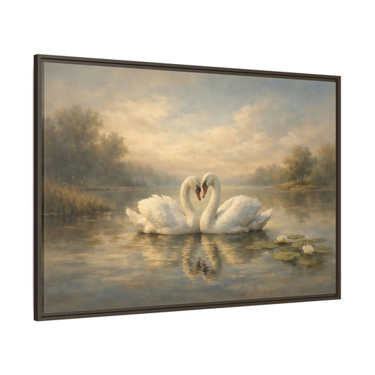 Main Mockup. Birds Swans Golden Hour Swans shown as stretched canvas wall art