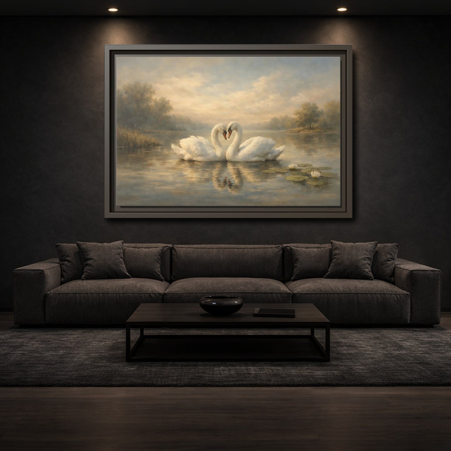 Mockup 2. Birds Swans Golden Hour Swans shown as stretched canvas wall art