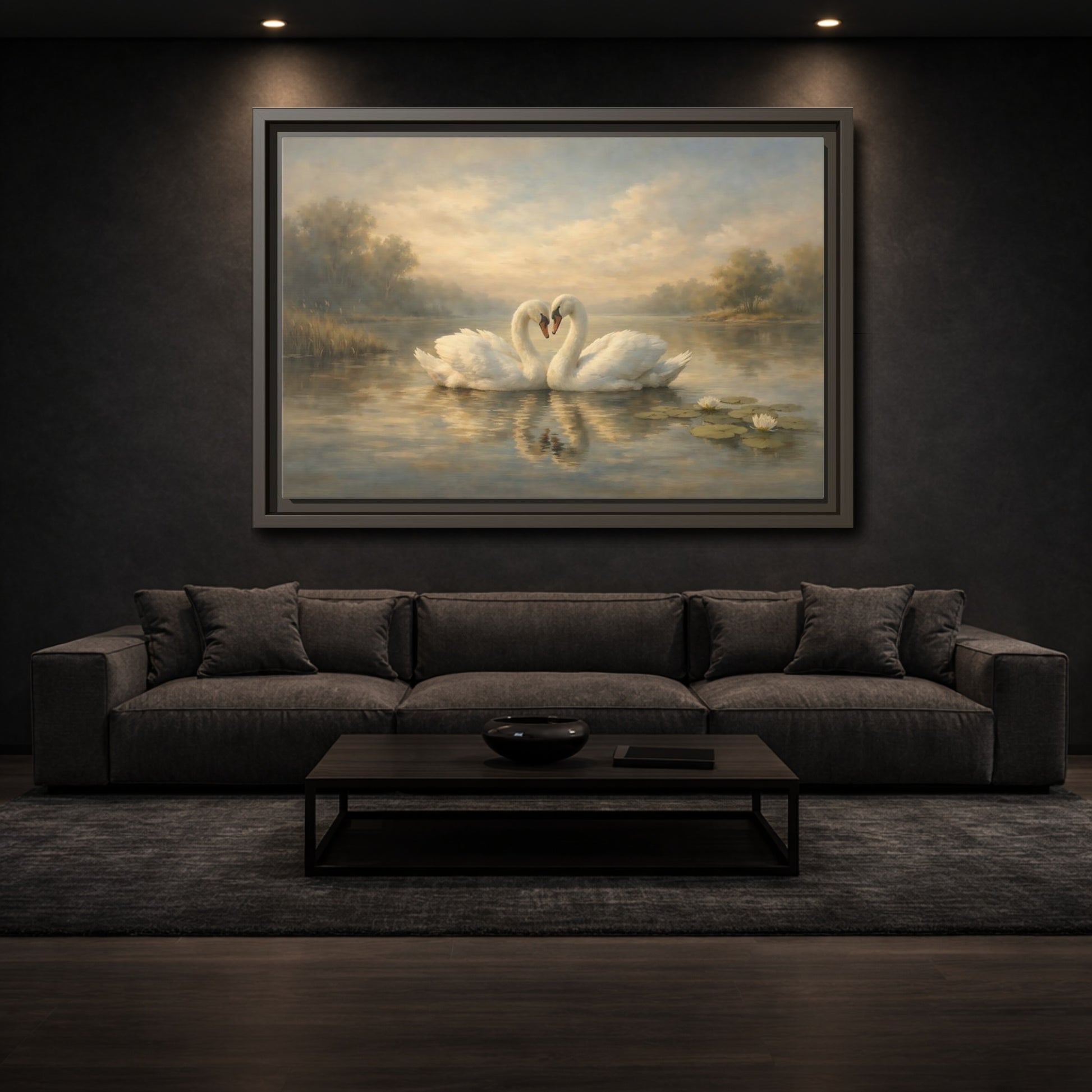 Mockup 2. Birds Swans Golden Hour Swans shown as stretched canvas wall art