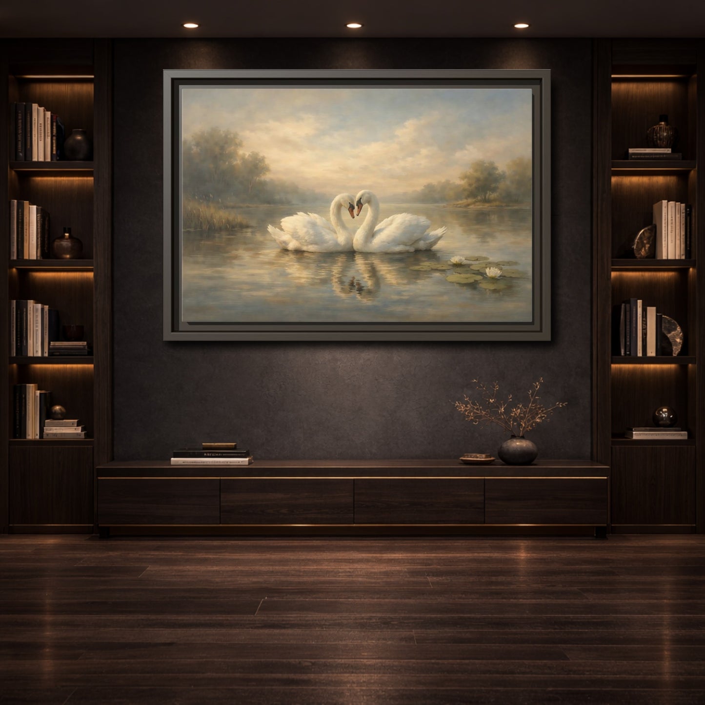 Mockup 3. Birds Swans Golden Hour Swans shown as stretched canvas wall art