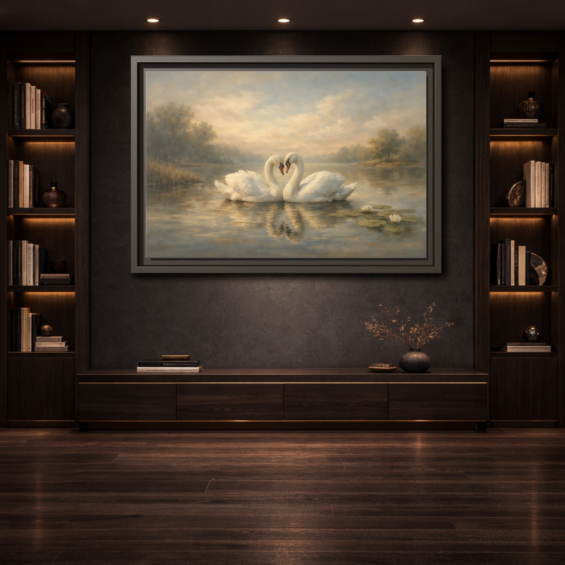 Mockup 3. Birds Swans Golden Hour Swans shown as stretched canvas wall art
