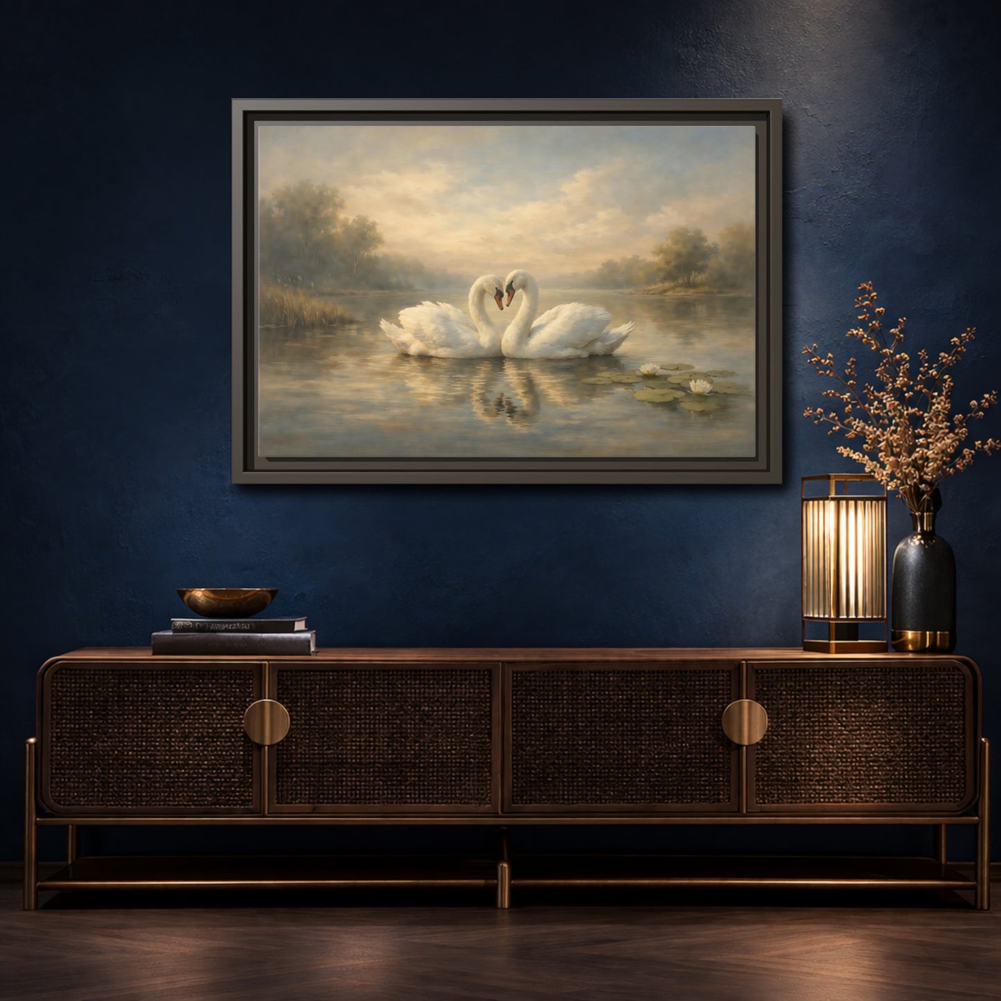 Mockup 4. Birds Swans Golden Hour Swans shown as stretched canvas wall art