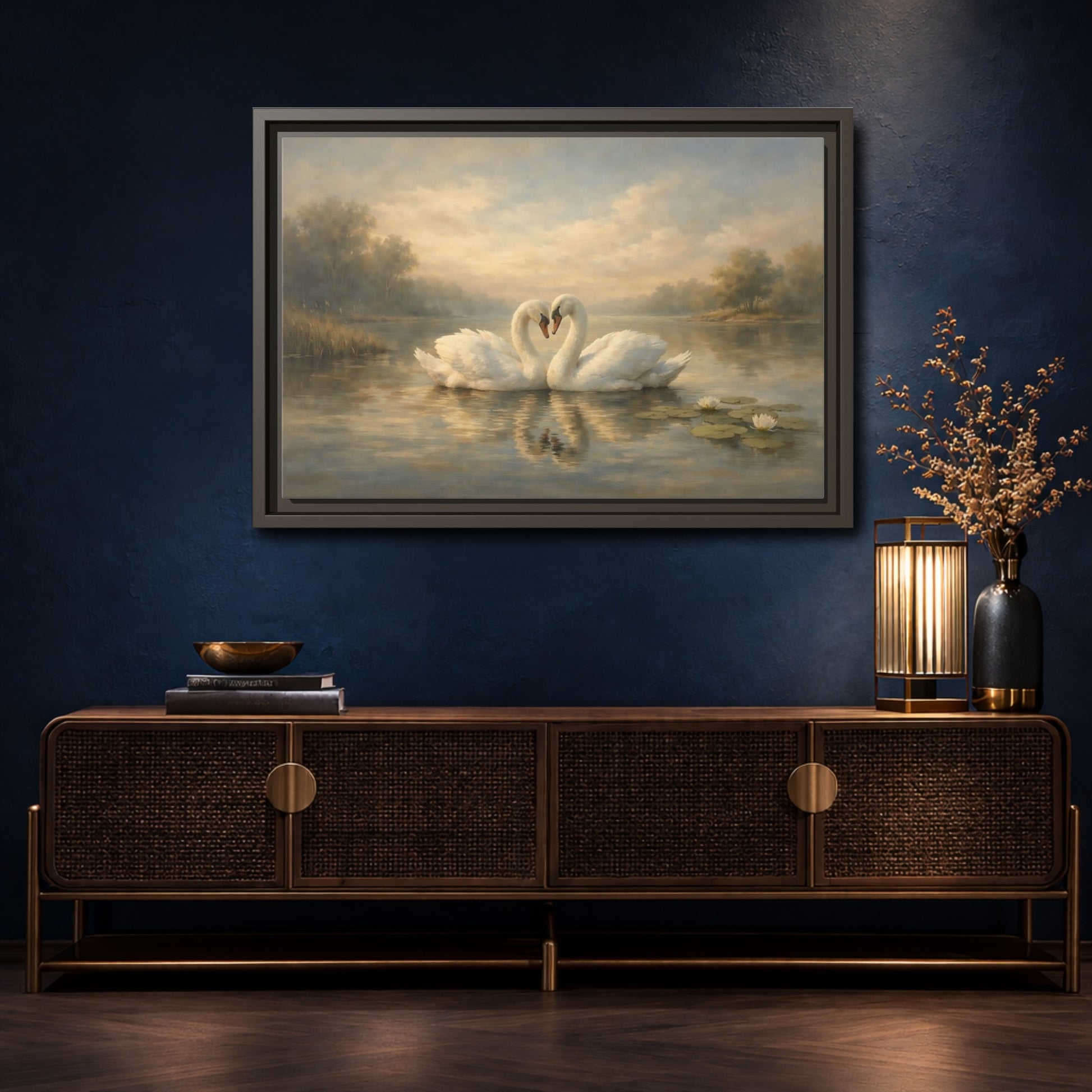 Mockup 4. Birds Swans Golden Hour Swans shown as stretched canvas wall art