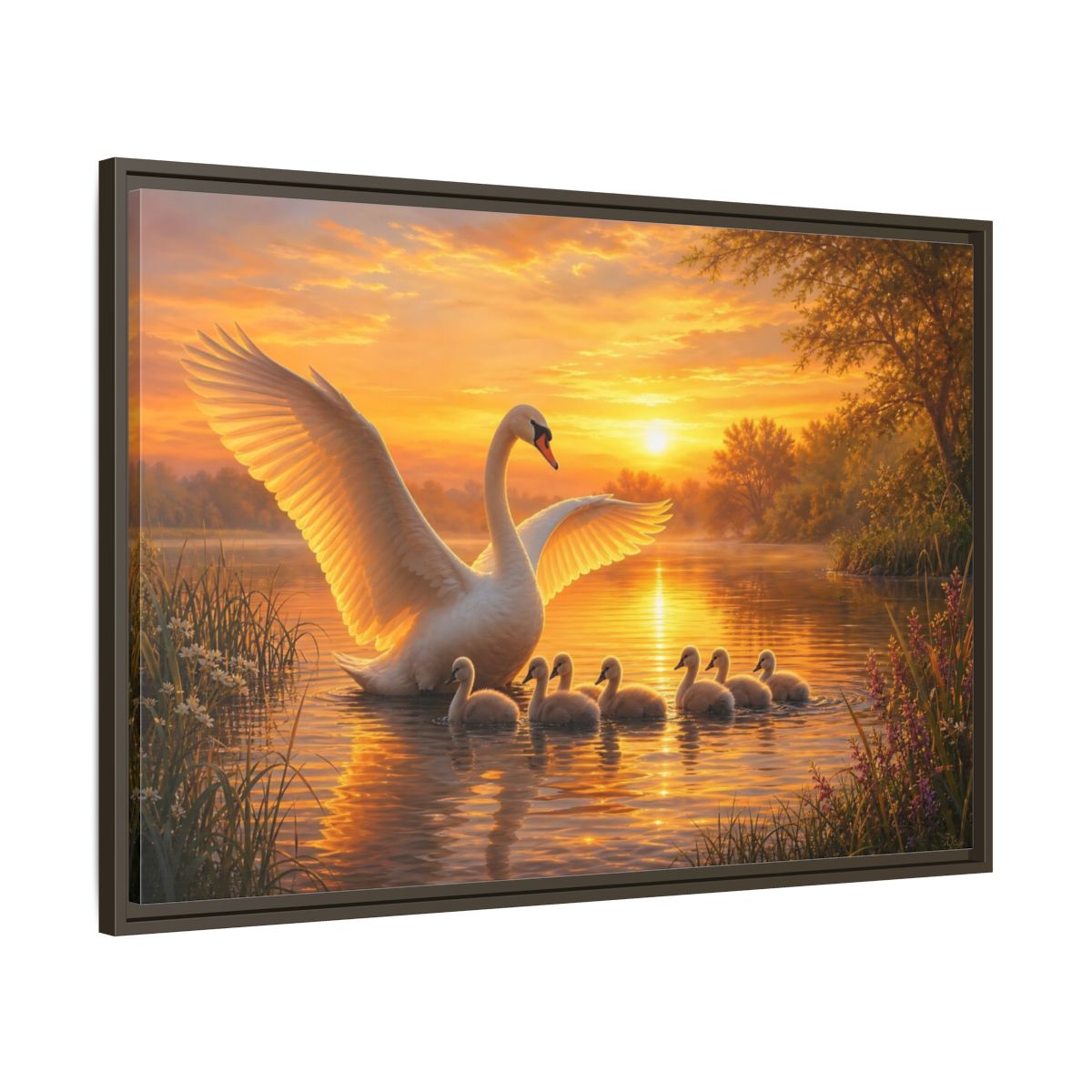 Main Mockup. Birds Swans Golden Swans shown as stretched canvas wall art