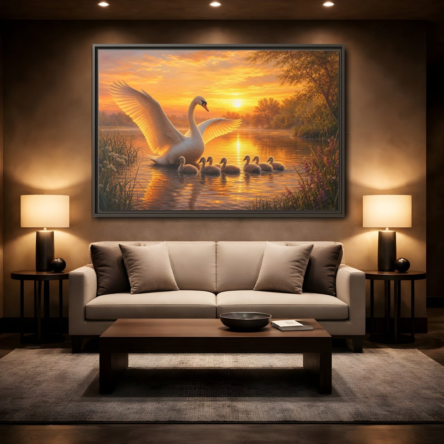 Mockup 2. Birds Swans Golden Swans shown as stretched canvas wall art