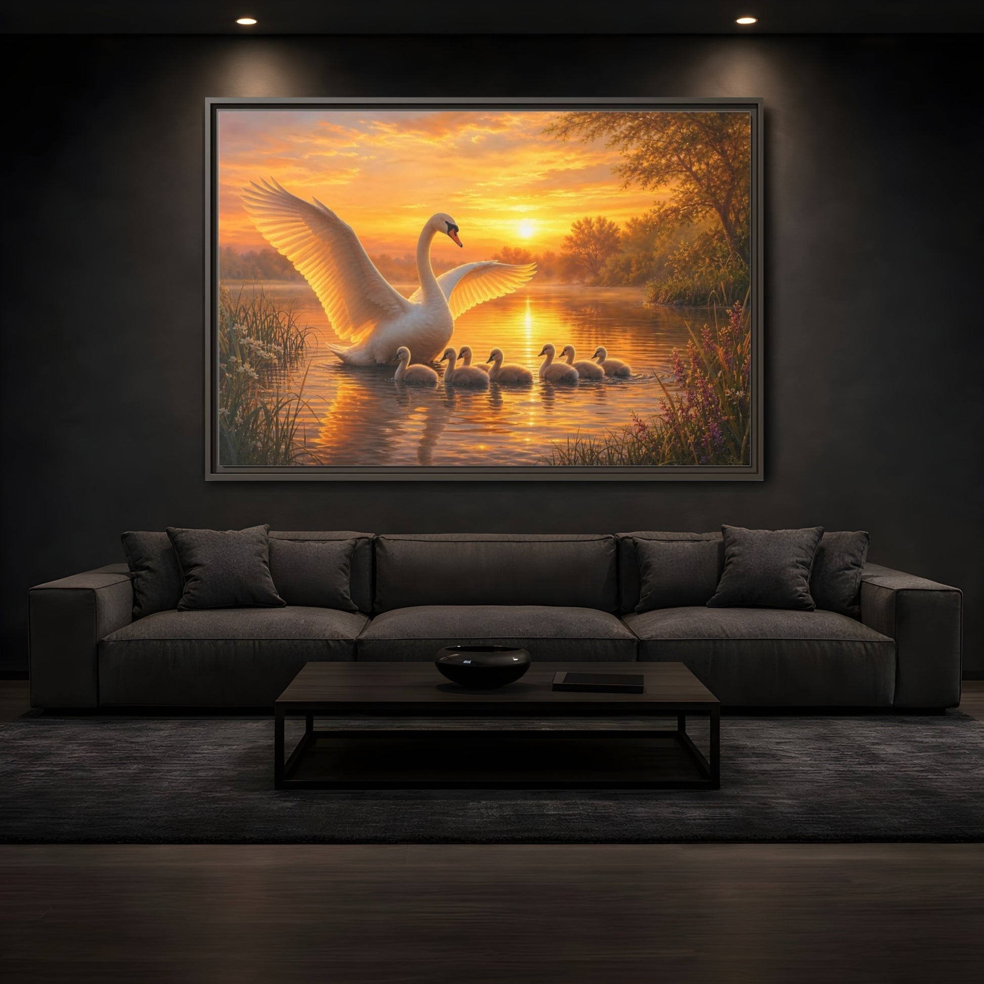Mockup 3. Birds Swans Golden Swans shown as stretched canvas wall art