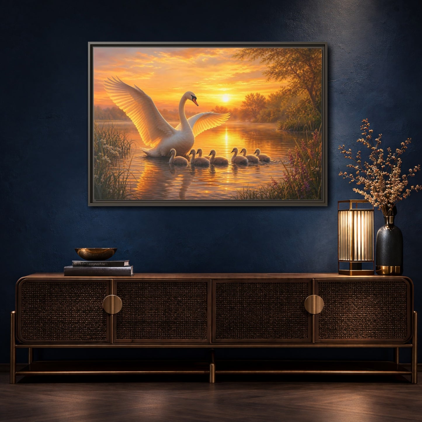 Mockup 4. Birds Swans Golden Swans shown as stretched canvas wall art
