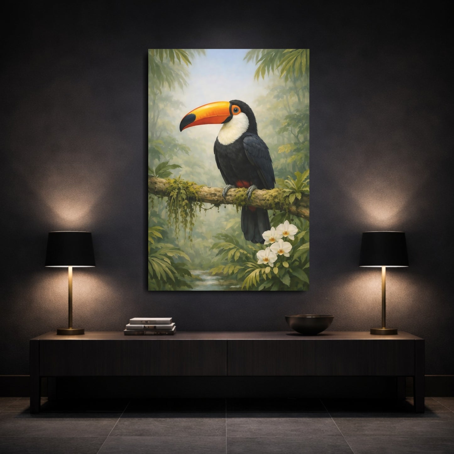Birds Toucan Tropical Toucan shown as front canvas room wall art