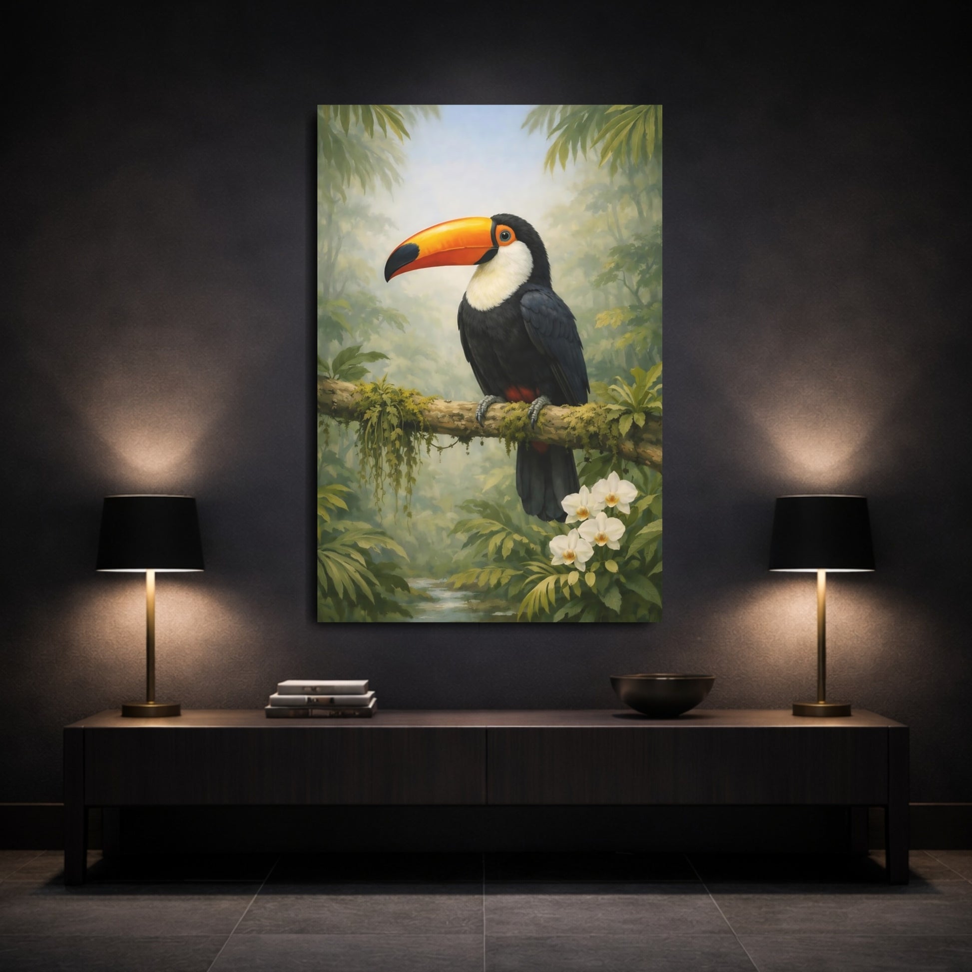 Birds Toucan Tropical Toucan shown as front canvas room wall art