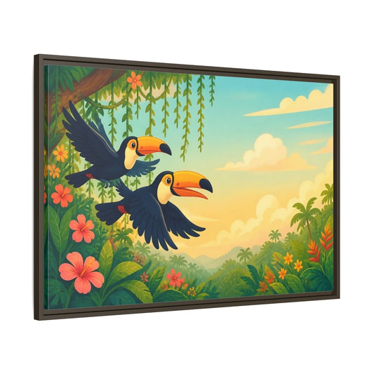 Birds Toucans Colorful Framed Canvas Print – cartoon Decor for Kids Room, Feature Wall - YesArtYes