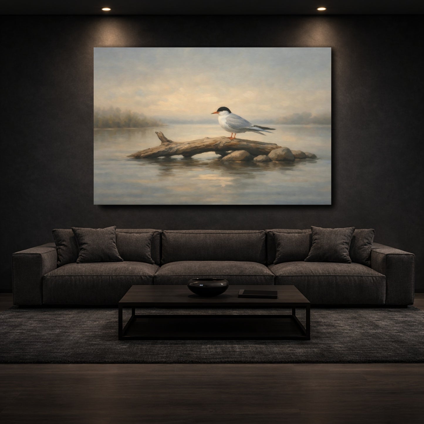 Mockup 2. Birds Water Bird Bird On Log shown as stretched canvas wall art