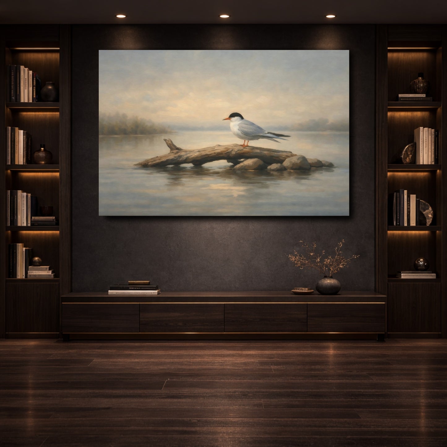 Mockup 3. Birds Water Bird Bird On Log shown as stretched canvas wall art