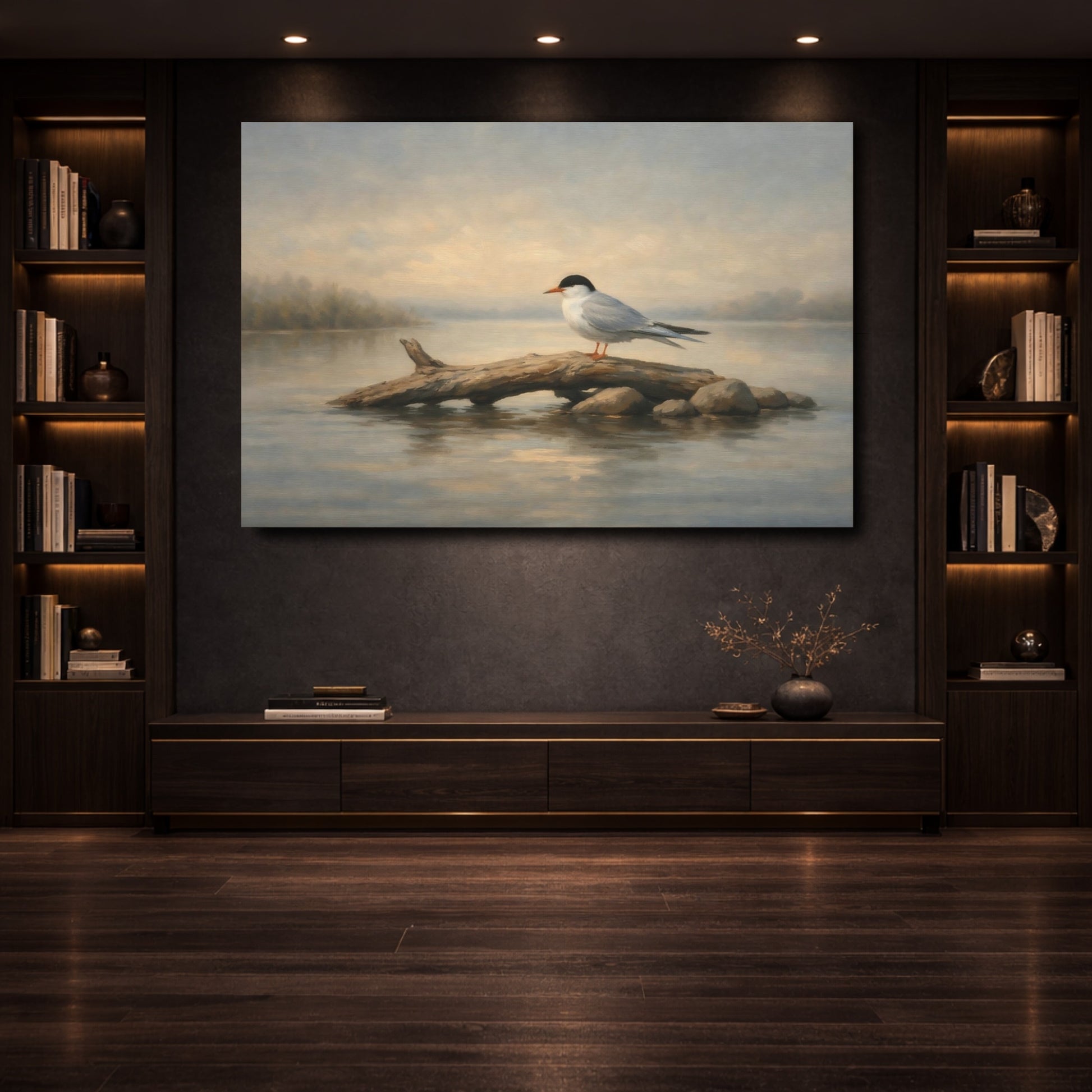 Mockup 3. Birds Water Bird Bird On Log shown as stretched canvas wall art